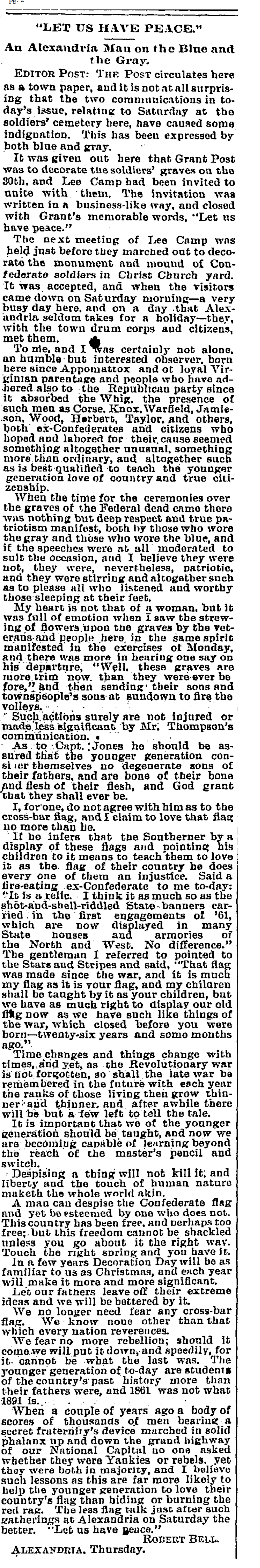 Union and Confederate veterans celebrate Memorial Day together for the first time at Alexandria Soldiers' Cemetery in 1891.