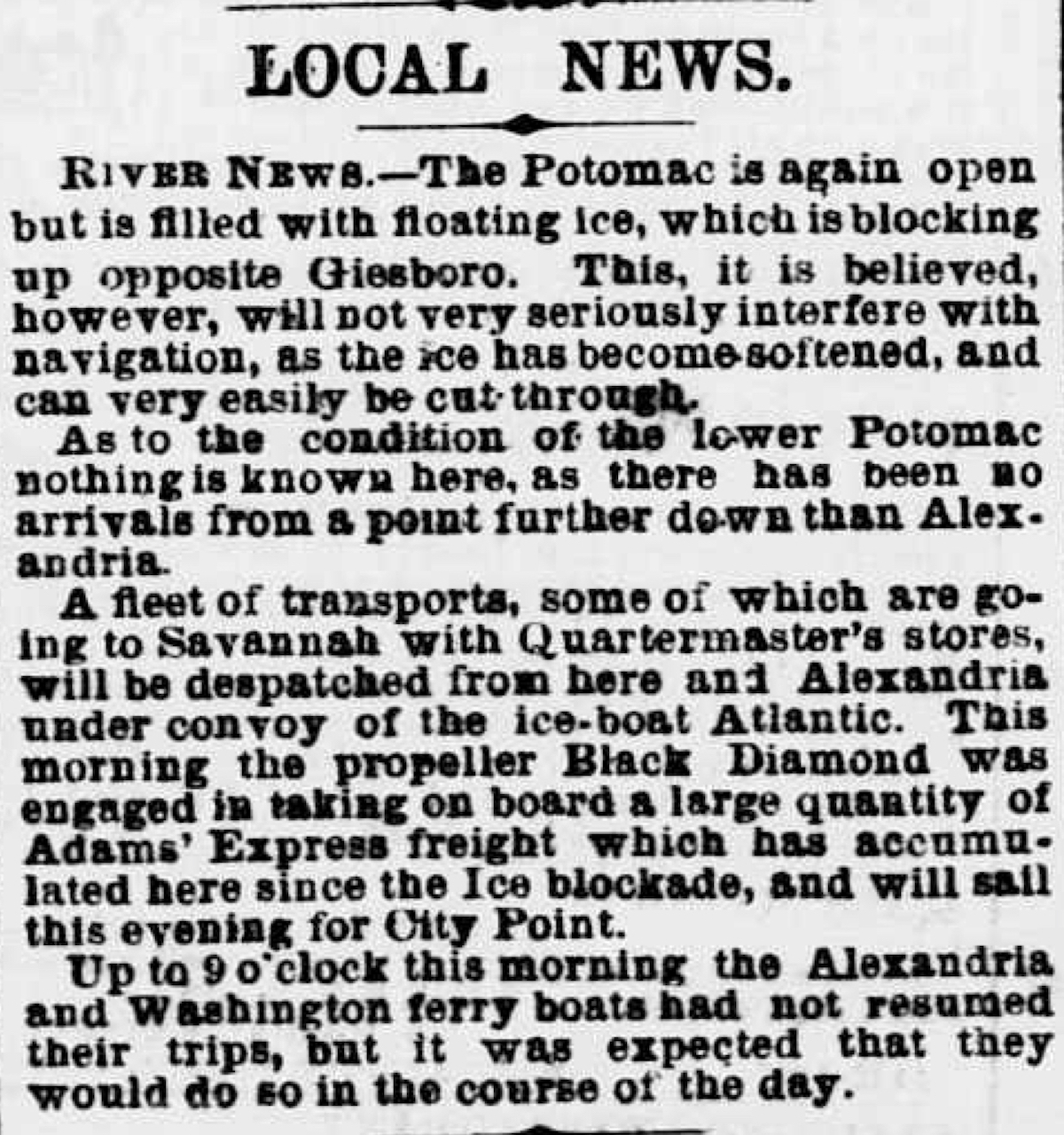 Image of newspaper article, <i>Evening Star</i>, February 1, 1865