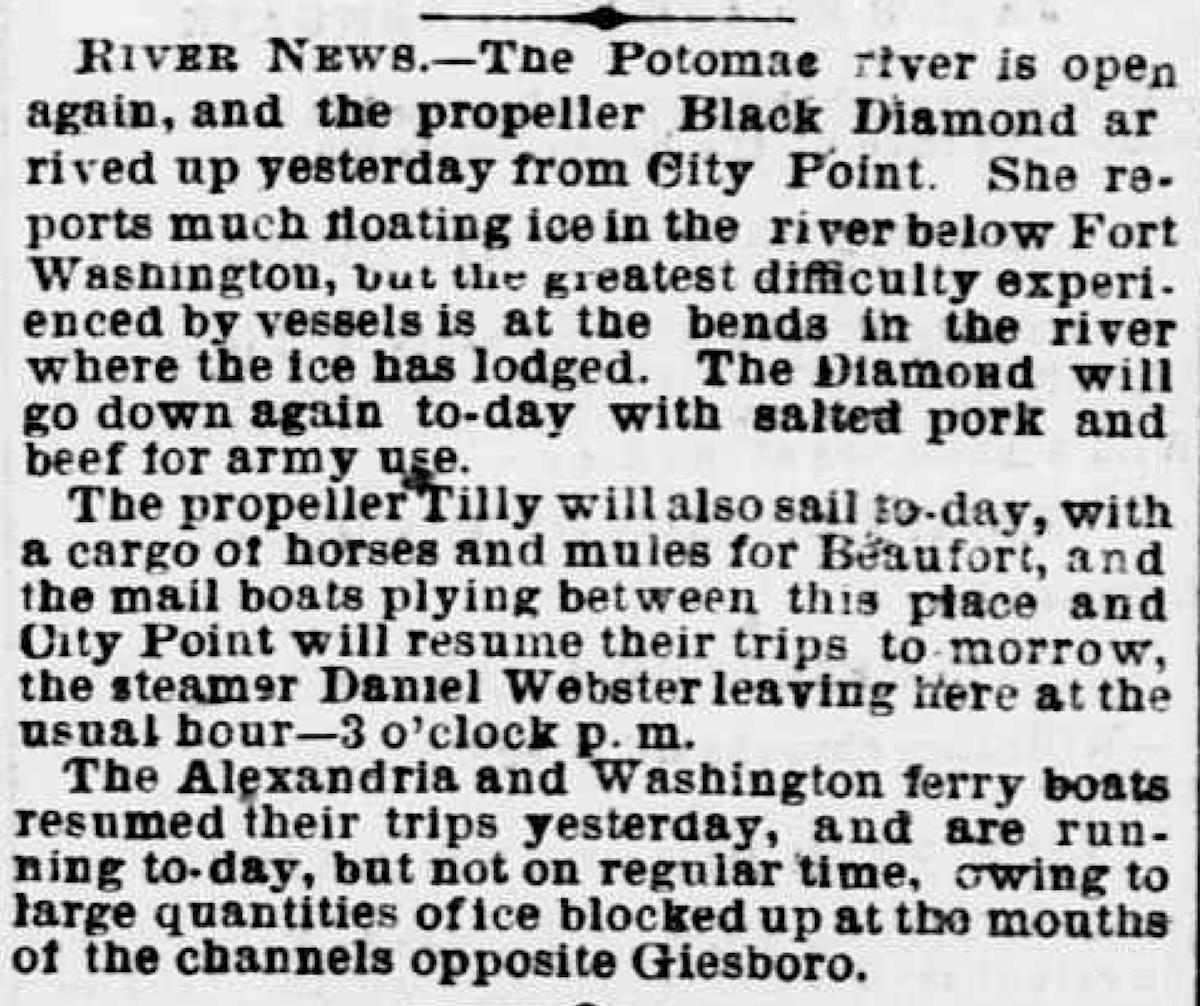 Image of newspaper article, <i>Evening Star</i>, February 20, 1865