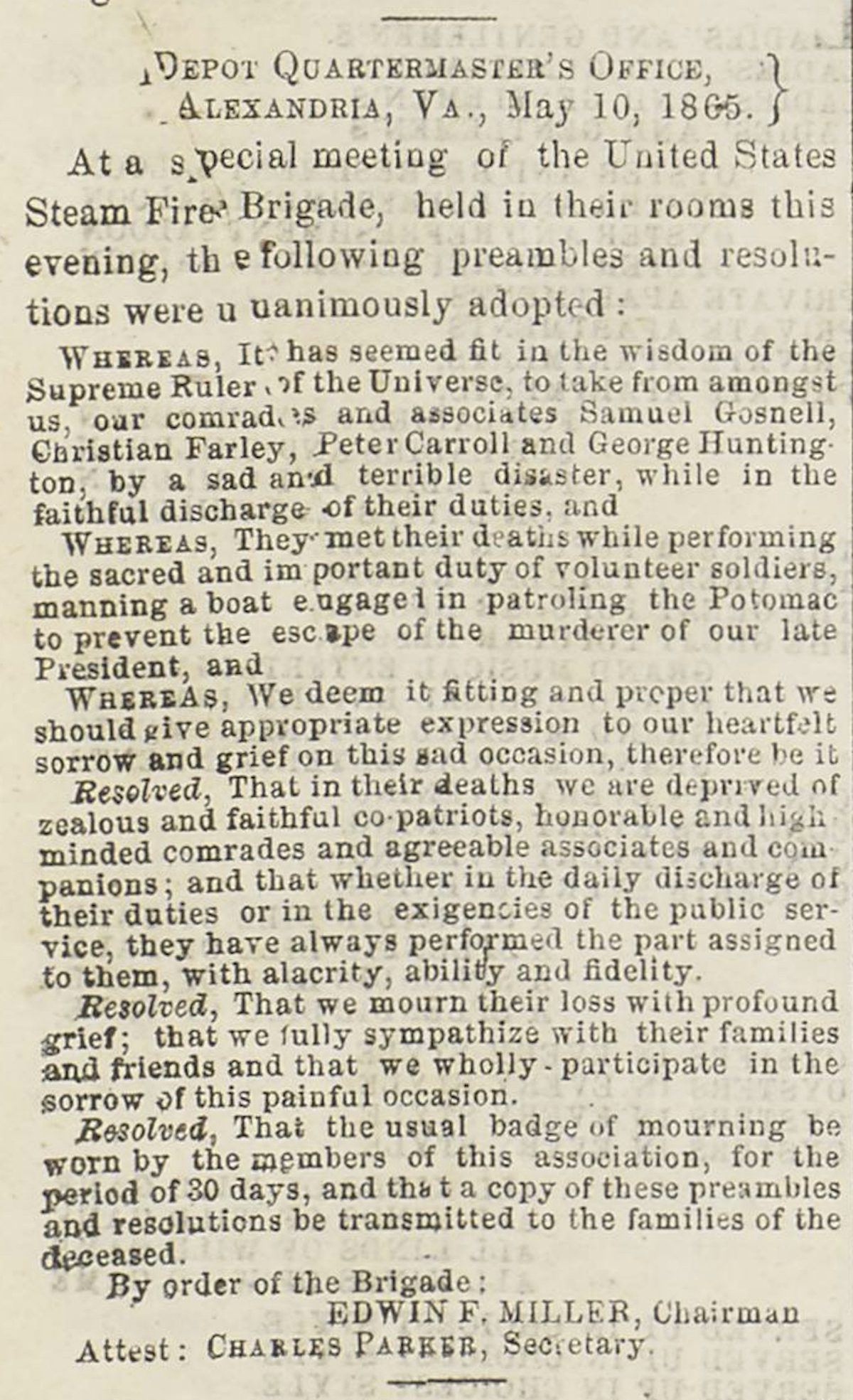 Image of newspaper article, <i>Virginia State Journal</i>, May 11, 1865
