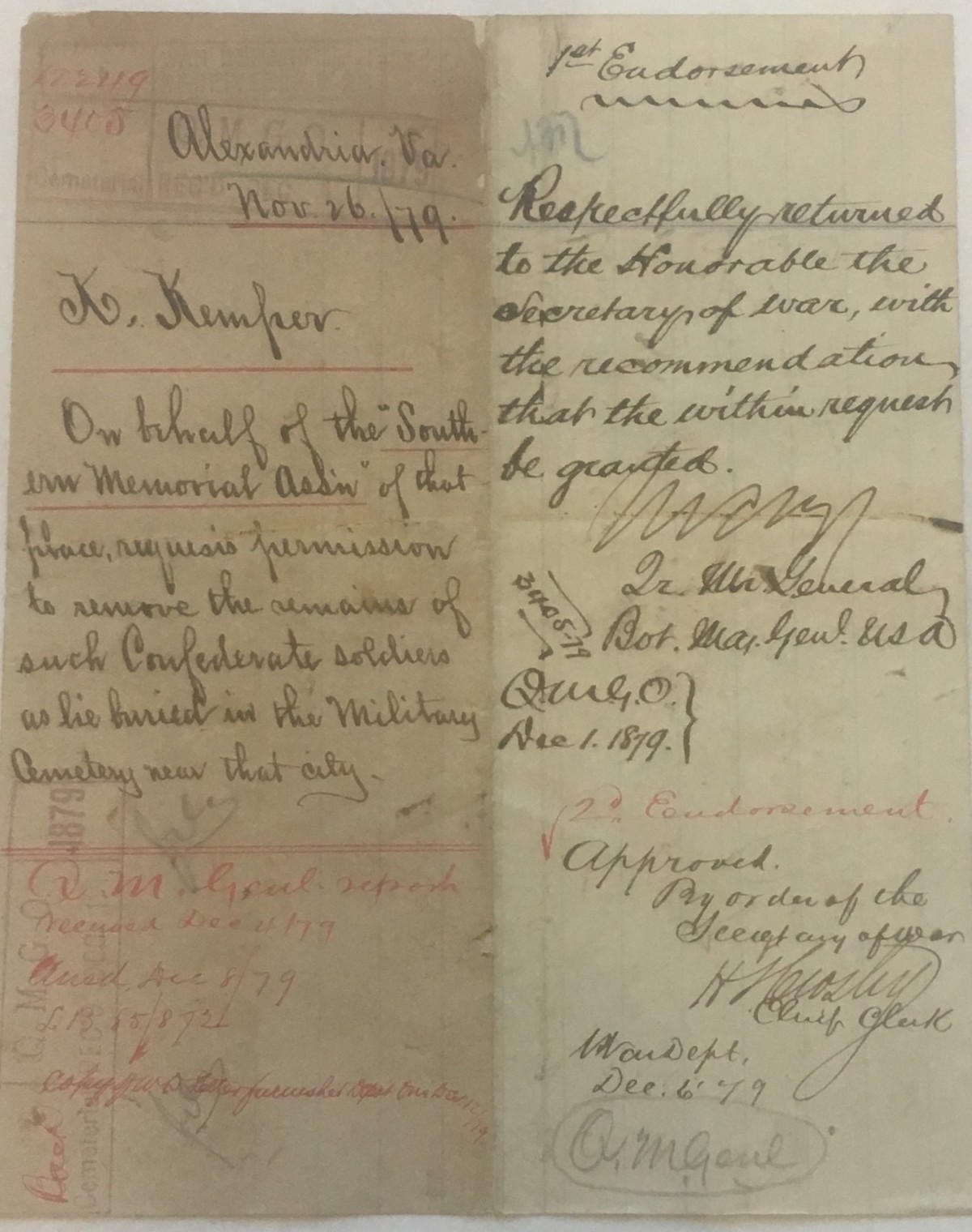 Petition to US War Department asking for permission to remove Confederate dead from Alexandria Soldiers' Cemetery, 1879.